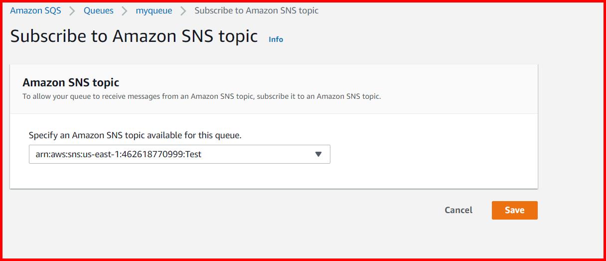Picture showing a screen to subscribe SQS to SNS